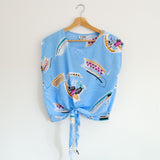 Vintage 90s Sky Blue Patterned Front Knot 'Katies' Blouse - 10-12
