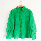 Green Weave Sheer Bubble Sleeve Organza Blouse - 10-14