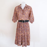 Vintage 90s Rust Brown Floral Garden Midi Dress - 6-10