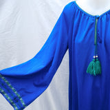 Vintage 80s Electric Blue Embroidered Bell Sleeve Kaftan Maxi Dress - 12+