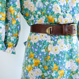 Vintage 80s Yellow & Green Floral Contrast Collar Coord Set - 10-12