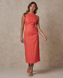 Linen Chili Orange High Neck 'Aere' Midi Dress - 16