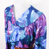 Vintage 80s Blue & Purple Floral Smock Midi Dress - 10-14
