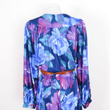 Vintage 80s Blue & Purple Floral Smock Midi Dress - 10-14