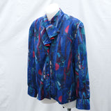 Vintage 80s Blue Patterned Shawl Collar Blouse - 10-14