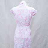 Vintage 80s Pink Floral Mandarin Collar Wiggle Midi Dress - 10-12